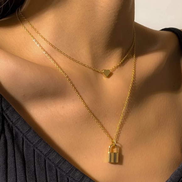 NEW 18K GOLD MULTI LAYERED HEART LOCK PENDANT NECKLACE - Picture 8 of 8